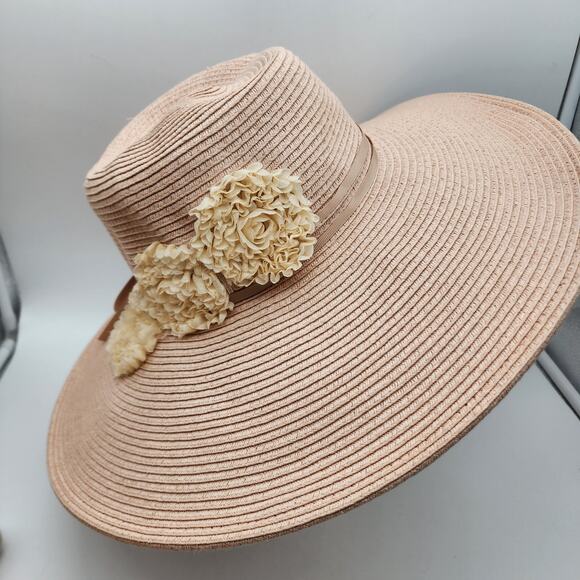 August Hat Company Wide Brim Floppy Hat Woven Floral Tie Detail Beach Tropical - Picture 2 of 16